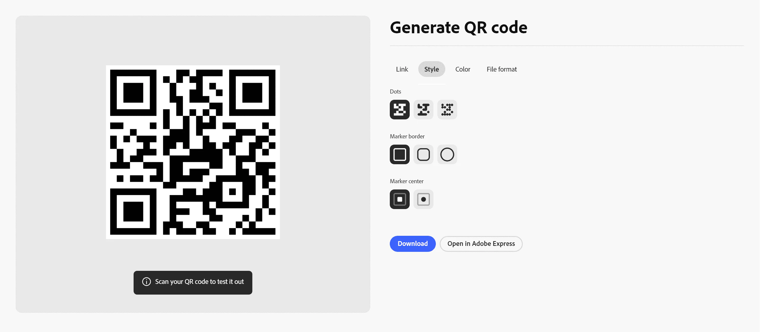 The QR code creation and download screen in Adobe Express