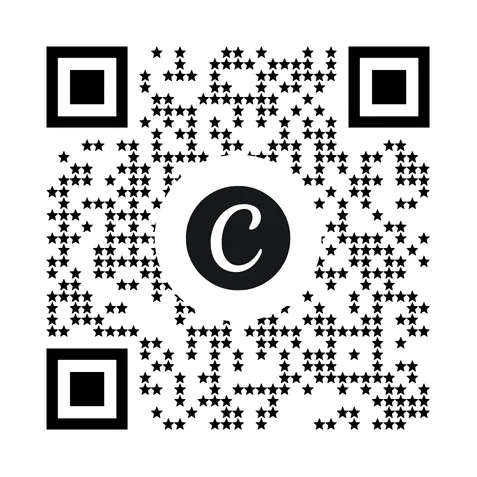A QR code with a brand mark created in Canva