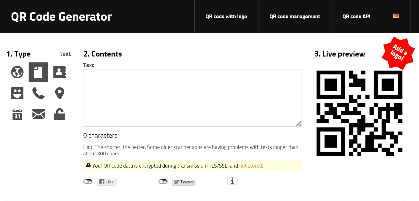 The goQR.me interface with a content field and live preview