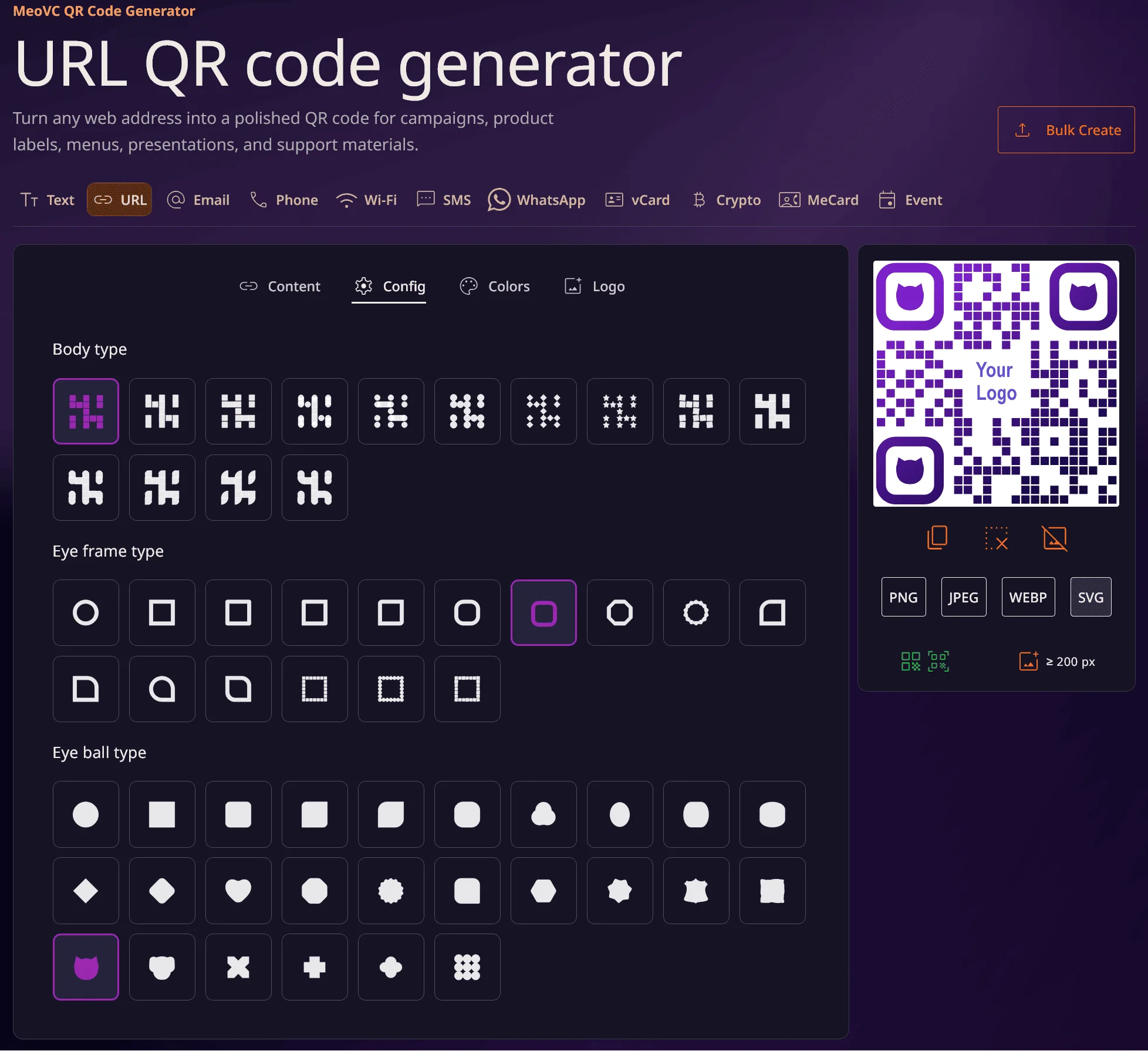 Customizing a QR code's shape, color, and logo in the MeoVC generator