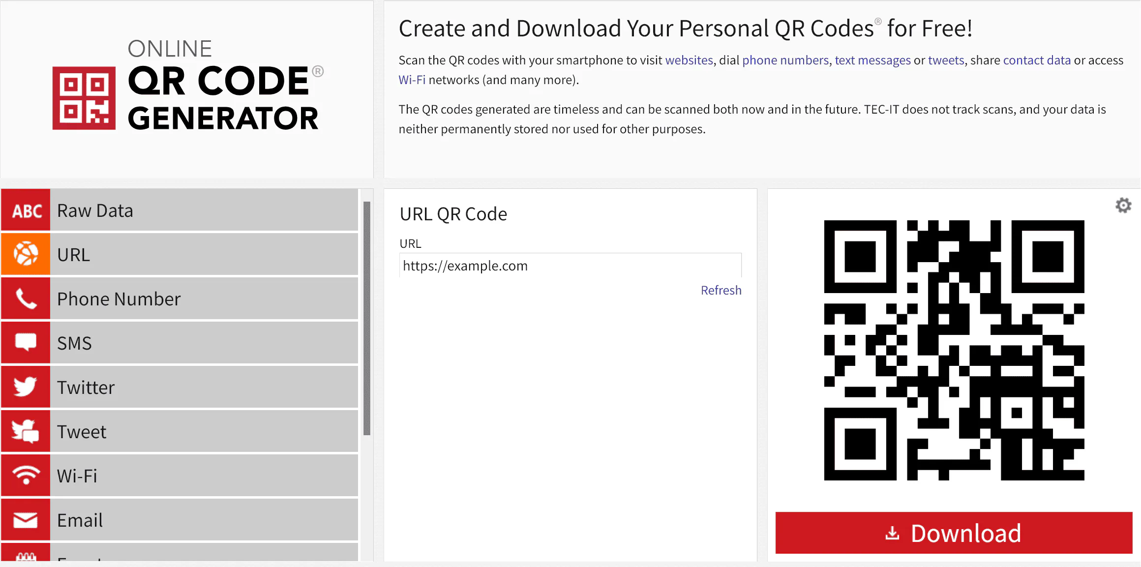 The TEC-IT interface with data-type options and a QR code preview